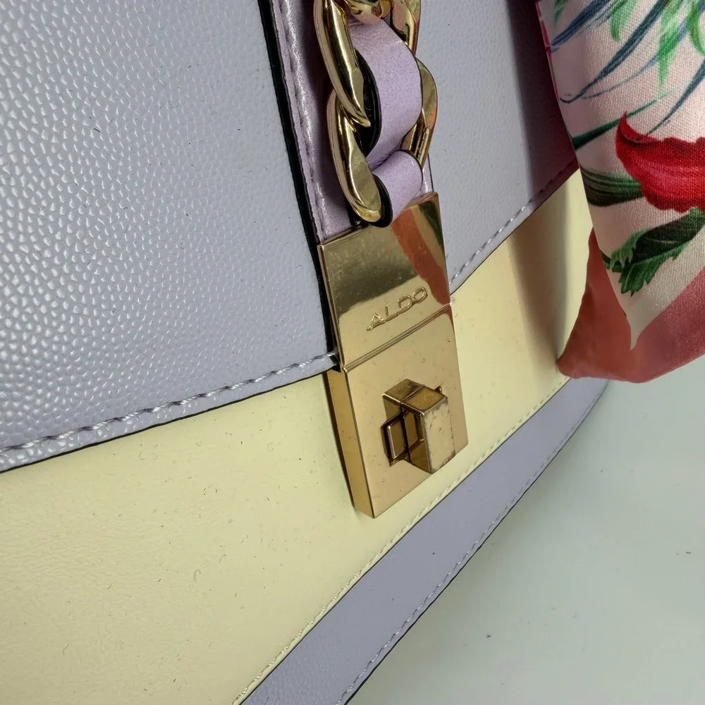 Aldo Lavender Cream Colorblock Satchel Crossbody Bag with Floral Scarf Detail